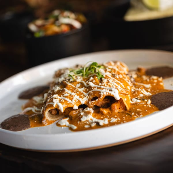 Mexican enchiladas covered in orange sauce, white cheese, and microgreens, with black bean paste.